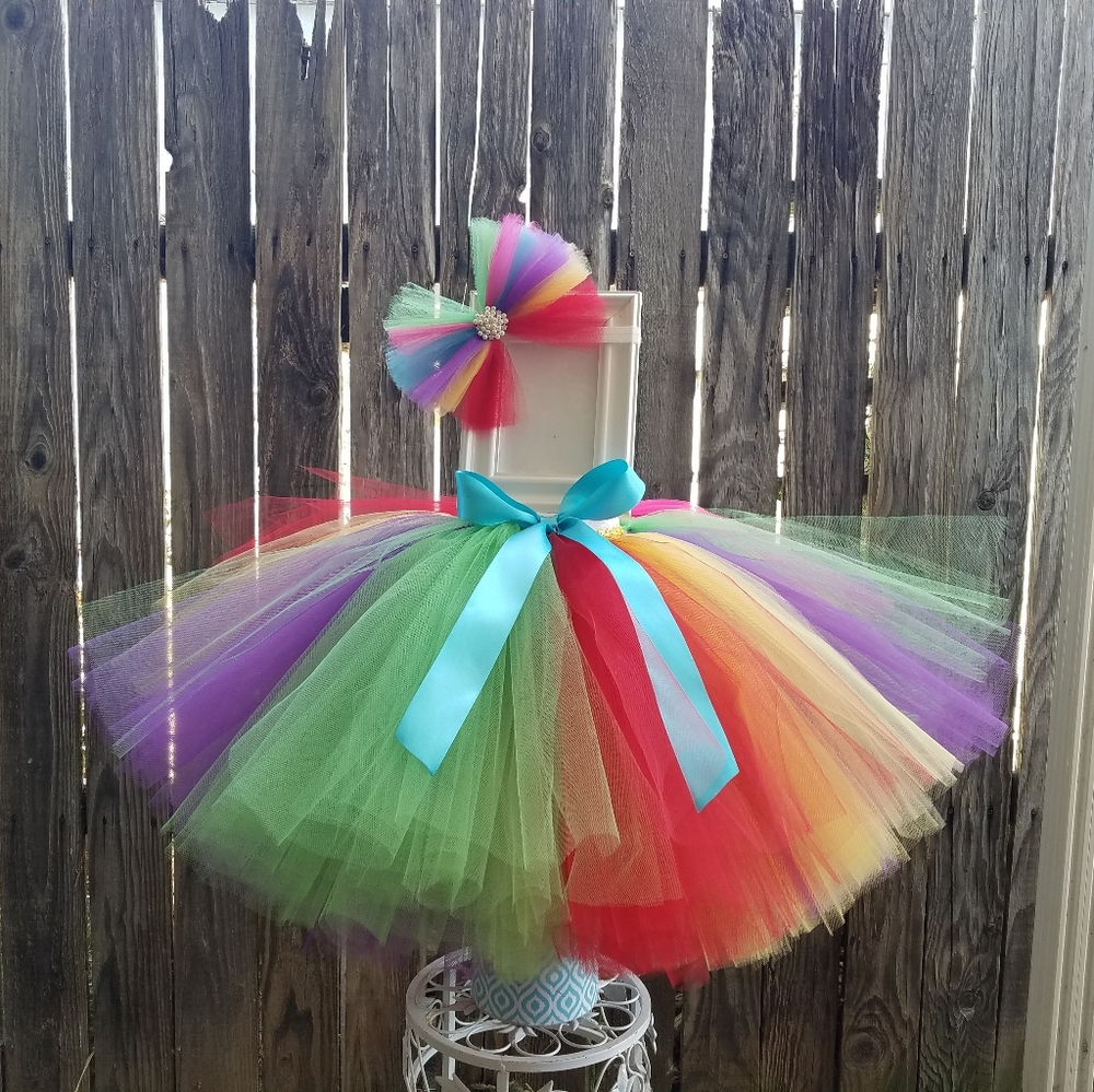 RAINBOW LONG RAINBOW TUTU & BOW SIZE 4T